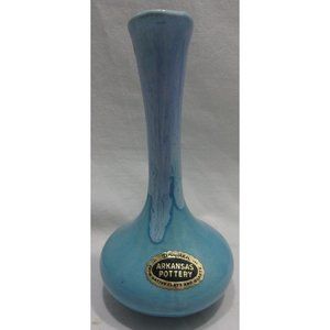 Vintage Dryden Arkansas Art Pottery Bud Vase Turquoise Blue Drip Glaze Label and